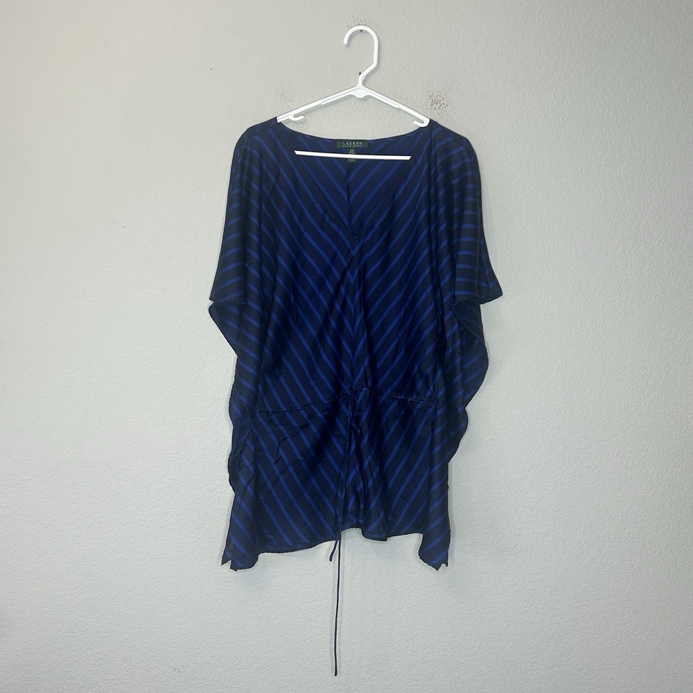Lauren Ralph Lauren Blue Striped Caftan Top Blouse Kimono Coverup Tie Sz S M